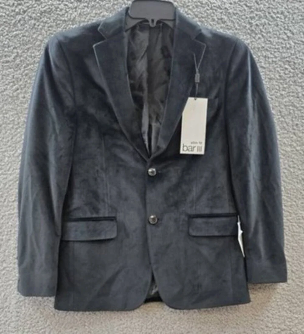 Bar III Slim Fit Velvet Sport Coat Mens 36S Black Notch lapel Two Button Closure